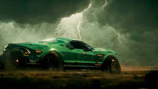 green ford mustang storm chasing, anime style, cinematic lighting, fine detail, 4k,