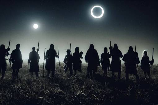 Group of adventurers with glowing silver metal weapons. Moon in the background. Moonlight. Silvery shining aura. Standing in farm field