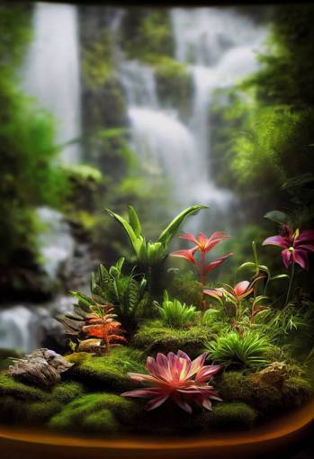 HD glossy photo, collection of large terrariums full of jungles and waterfalls and flowers, soft light