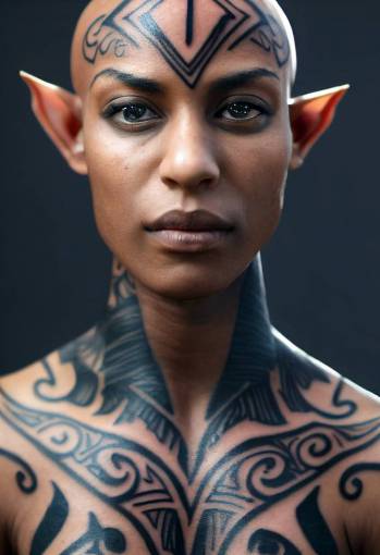 headshot of a bald dark skinned african fantasy elven calvin klein model with perfect elf ears and black tattoos and full face elven tattoos, handsome elf woman, skinhead thug completely covered in tattoos, full face tattoo, full body tattoo