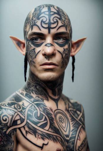 headshot of a fantasy elven calvin klein model with elf ears and full face elven tattoos, handsome elf man, skinhead thug completely covered in tattoos, full face tattoo, full body tattoo