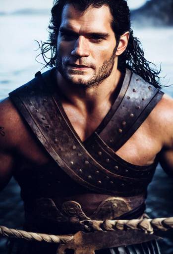 Henry Cavill as a Viking warrior, bodybuilder, body covered in tattoos, sea background, fog, photorealistic, sharp details, close up, 50mm,
