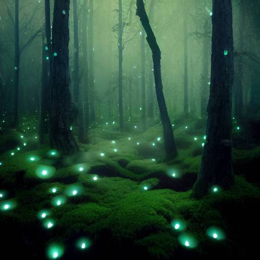 high definition tones of green moss on a moist glaze like forest floor with glowing lights coming from inside baby blue mushrooms and the barks of the tree trunks have sparkly sap and jewels on them Misty atmosphere and very beautiful and etheric space