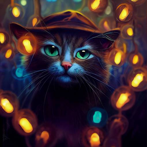 highly detailed portrait of a cute cat whith indiana jones hat, lightning Fireflies with depth of field, neon lights, soft lighting, bright colors, blue cat eyes, ultra-realistic, cinematic lighting, realistic digital painting