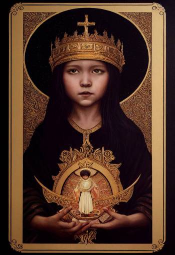 Holy depiction of a female child queen on a tarot card, gold on black paper, oil painting, ornate border frame, intricate details, amazing uplighting, extreme detail, ink, 8k, symmetrical, artstation