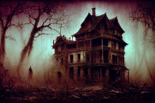 horror house in the woods by Luis Royo, Beksinski and Giger,