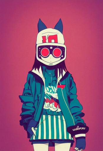 <<https://s.mj.run/MsZxKEys9aU>> 1974 flcl fighter girl in streetwear, with vintage mask and hat, in japan, anime style