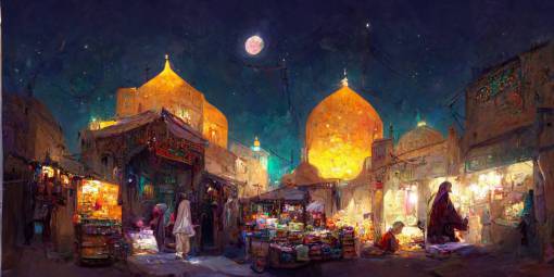 <<<https://s.mj.run/WASMn7hYT24>>> ancient arabian bazaar street, night-time sky, with fruit stands, with one beggar, in the style of Hyung-tae Kim and Krenz Cushart and Studio Ghibli, portrait, d&d, dnd, dungeons and dragons