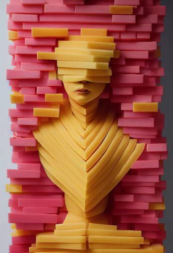 humanoid figure made of velveeta cheese slices, by Tamara Kvesitadze, intricately stacked