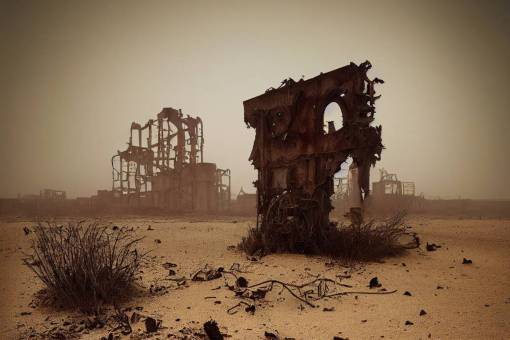 hyper realistic photo real rusty debris in foggy desert dunes, in fog atmospheric rusted human face rusty mechanical structures abandoned factories, building ruins haunted in sand by Denis Villeneuve, grunge over amplified