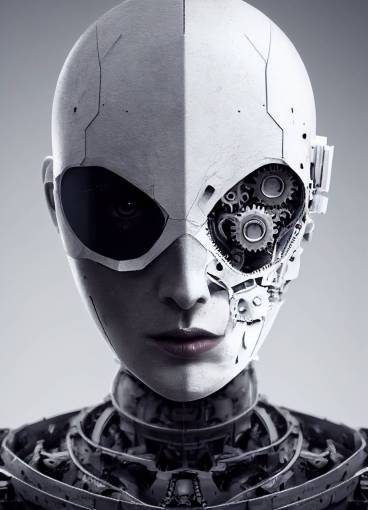 image of female android with half its face torn off revealing the mechanical inside, white black, white face, porcelain face, cogs, gears, wires, hydraulics, exoskeleton, worn, no hair, ex machina, exmachina, porcelain, ultra detailed, 8k, octane render, realistic cgi rendering