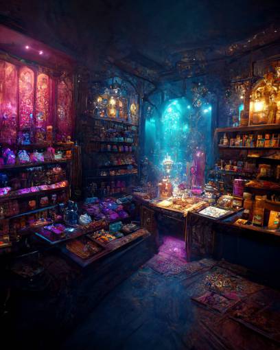 inside a magical item shop, fantasy potion and jewelry vendor interior, Playstation5, volumetric lighting, Majestic