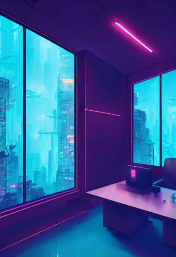 inside of office with desk, large bookshelf full of books, smooth Cyber punk style parametric architecture, neon lights, rain, style of Ross Tran, cg society contest winner, panfuturism, cityscape, synthwave, matte painting