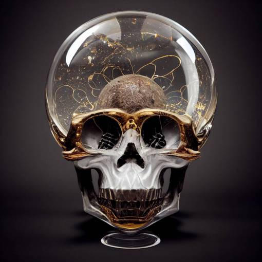 Intricate skull that has had the top replaced with a glass dome which contains a galaxy, epic