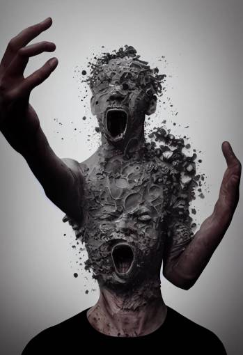 isometric character made of grey metal spewing plack paint from his mouth, with body part in is hands, dreadful, frightful, horrifying