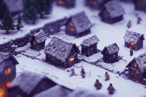 isometric detailed miniature shot of a mini Viking village in snow, unreal 5 engine, hd, 4k, tilt shift,