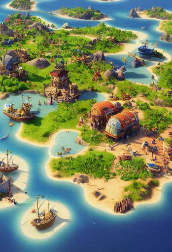 isometric diorama of a caribbean pirate archipelago thriving pirate city port in the style of civilization 6, civ 6