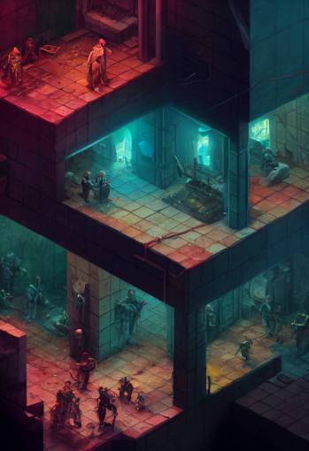 isometric diorama of a Shadowrun dungeon. Videogame Concept art. very high detail and fidelity. Cyberpunk, low sci-fi, traps, monsters, adventurers. Tilt shift.