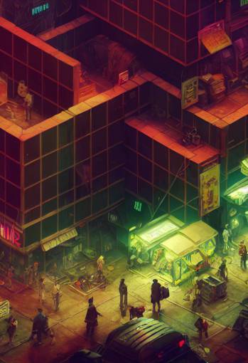 isometric diorama of a Shadowrun street market. Videogame Concept art. very high detail and fidelity. Cyberpunk, low sci-fi, street lights, vehichles, Tilt shift.