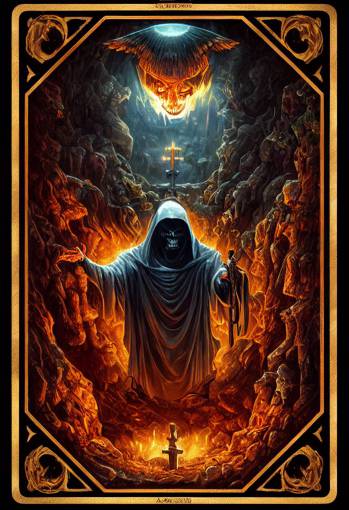 Isometric full frame game card with decorative golden border of grim reaper in graveyard, Hyper detailed goosebumps game card, official art by Tim Jacobus