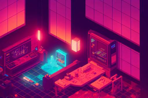 isometric retrowave cyberpunk interior, videogame