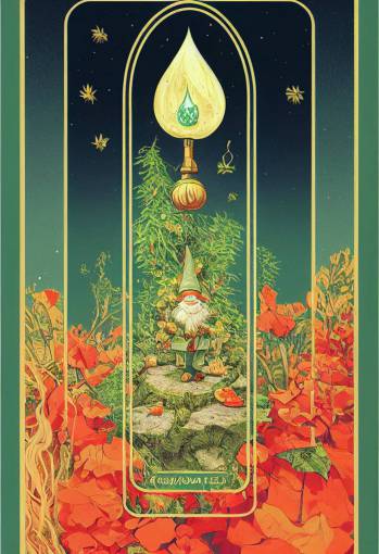 Isometric tarot card with decorative border of gnome in garden, Hyper detailed Goosebumps cover, official art by Tim Jacobs