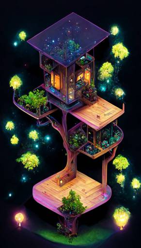 isometric treehouse with many levels, with starlight and bioluminescent flowers