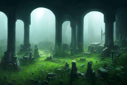 isometric view inside a crypt, stone sarcophagus, Broken swords, fallen knights, bioluminescent mushrooms, skulls, tall weeds, Tall Grass, moss and ferns, creeping low fog, unreal engine,