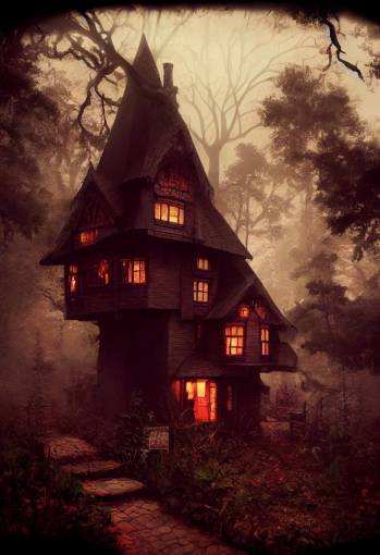 isometric view of a cozy very small Victorian storybook house in the woods, Creepy giant redwoods tower overhead, photorealism, dark Halloween vibes