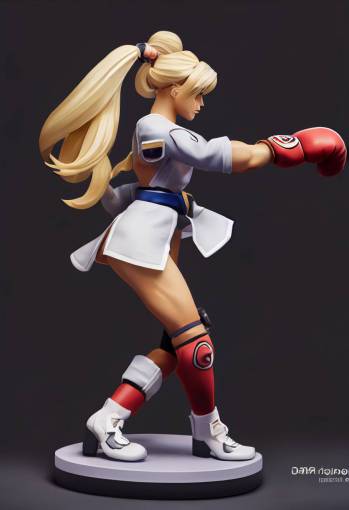 Isometric view of blonde hair boxing girl in overwatch as a RPG tabletop mini, Dynamic pose, very high detail and fidelity, professionally painted, film accurate, studio lighting