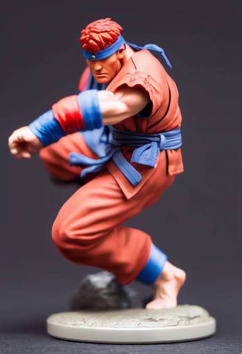 Isometric view of Ryu from Street Fighter as a RPG tabletop mini, Dynamic pose, very high detail and fidelity, professionally painted, film accurate, studio lighting