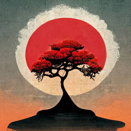 japanese bonsai tree of life, sunset background, white and red color tones, japanese illustration