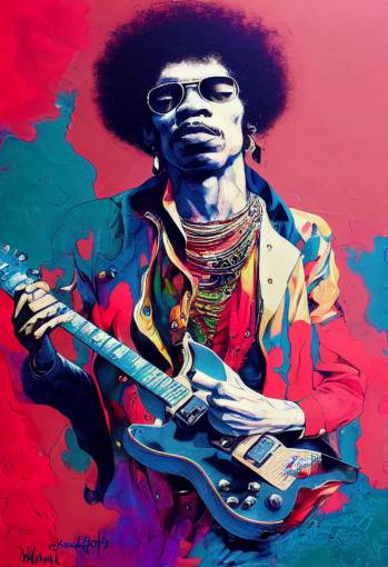 Jimi Hendrix playing guitar, modern psychadelic poster, head & torso + painted in the style of James Jean