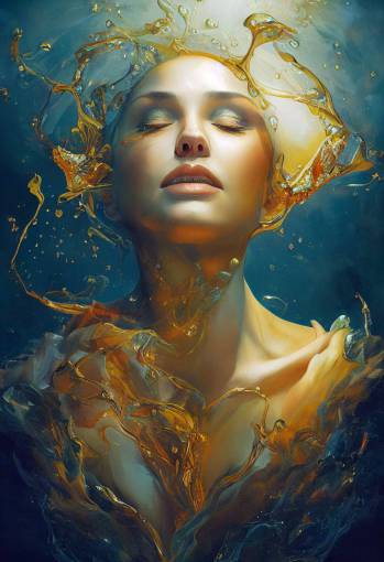 Joyous Angel of Inspiration dissolving into thick liquid oil paint, liquid treasure of therapeutic discovery, cinematic lighting, dappled sunshine, in the style of Karol Bak
