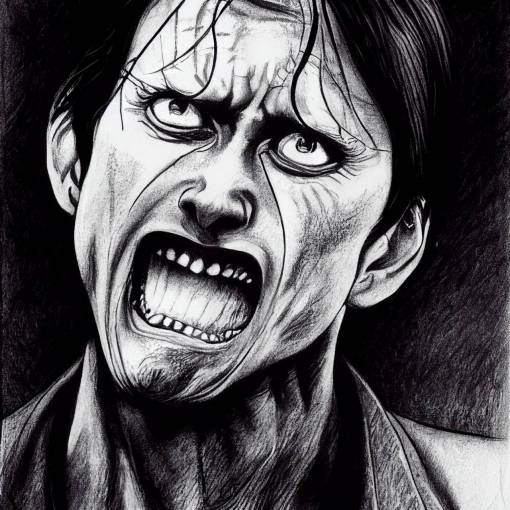 Junji Ito 2D manga pen and ink gray scale drawing of the actor Mads Mikkelsen from Hannibal with an angry expression and open yelling mouth