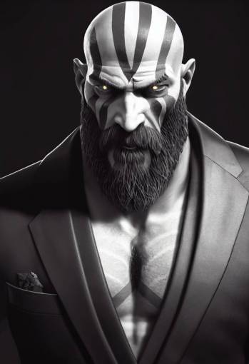 Kratos in a suit, The character of the game God of War, full beard, extremely detailed, sharp focus, smooth, digital illustration, high contrast, 8k, high detail, hyperrealism, cinematic, masterpiece