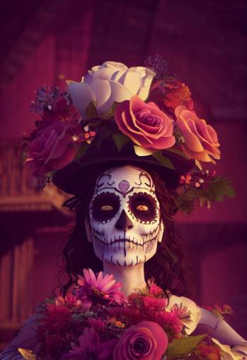 La Catrina sitting on a beautiful porch swing with lots of flowers, detailed realistic victorian portrait, fun poses, photorealistic gothic illustration, 8K, Unreal Engine 5, Octane render, volumetric lighting, god light, HDR