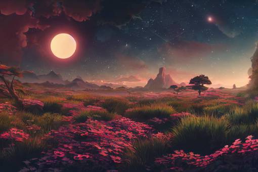 landscape on a starry night, lush vegetation and flowers, miyazaki, nausicaa, Shinkai Makoto, hypermaximalist, hyper detail, 8k, octane render, animated art, cinematic
