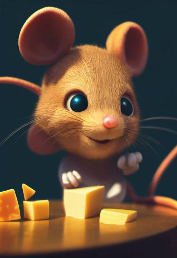 little cute mouse character by Pixar playing with cheese , very detailed , 3D , very realistic, volumetric lighting, bokeh , cinematic , hi res , 8k