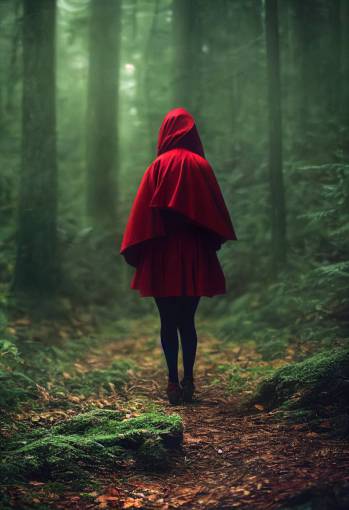 Little red riding hood in big wood forest , cinematic scene, not kate upton, photo