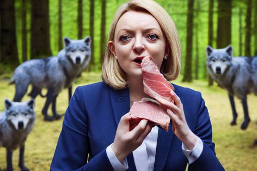 liz truss eating meat with her hands, looking up into the camera, surrounded by wolves in an English forest, torn blue suit, post-apocalypse, Sharp Focus, Nikon, medium shot, flash, ISO100 F/1.4