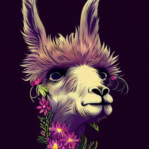 llama , smiling, tiny eyes , long fur , furry face , detailed ears , detailed face, detailed, fur, vector art, surrounded by flowers