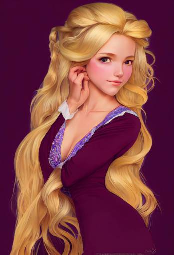 << long glowing blonde-haired Rapunzel is a beautiful goddess, with a fit thick hourglass body, with huge chest, in skin-tight robes, painted by artgerm, Alphonse Mucha, Akihiko yoshida, sakimichan, krenz cushart, low angle shot, digital painting