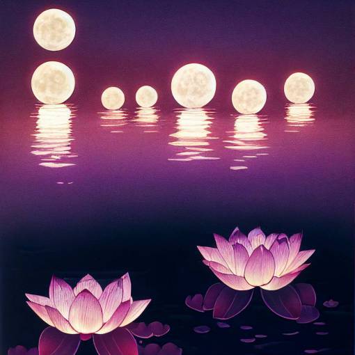 lotus ponds, floating garden, moon, night, lantern lights