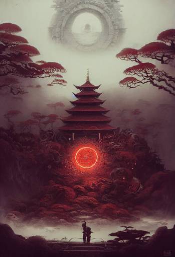 Low angle, ancient Labyrinth, 1.1 incredible epic The Japanese red shrine deity is circling a white dragon, 1.8, STUDIO4? katsuhiro otomo, in Inception jungle, rebar, rubble, by peter mohrbacher ukiyo-e, rule of thirds, perfect composition, trending on ArtStation, 8k, Clean sky