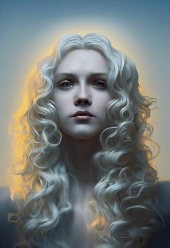 Lucius the pale blond androgynous god of the sun, highly detailed, very very very long curly golden blond hair, baroque curls, curtain bangs, central parted fringe, extremely luscious curly blond hair, very very very pale white skin, digital painting, artstation, concept art, soft light, sharp focus, illustration