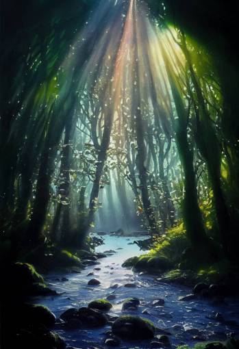 magical irish forest, ray of light, intense,beautiful, hyperrealistic, water colors, detailed
