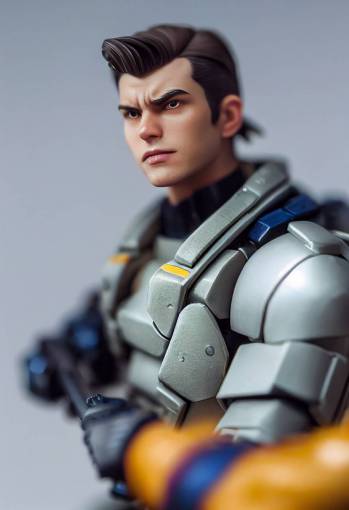 male action figure, close up, handsome face, short hair, Figma, Overwatch, gundam, full body image, ultra-realistic, earth tone