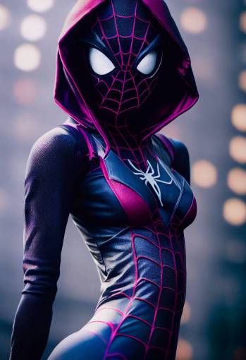 Marvels Spider-Gwen, portrait, beautiful figure, Hood, cinematic lighting, Photorealism, Bokeh blur, High detail, Sony Alpha ?7, ISO1900,