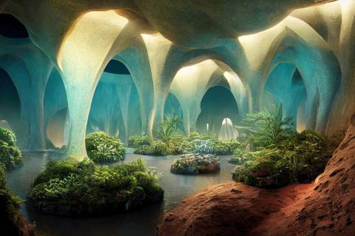 Massive cavern underground city on mars, bioluminescent crystal ceiling glowing like twinkling stars. Hanging gardens with green ivy. Moroccan style buildings, futurism, 8k, canals